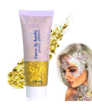 Body Glitter Gel 50ml Face Glitters Body Gel Sequins Shimmer Liquid Eyeshadow Mermaid Sequins Sparkling Chunky Body Lotion Glitter Liquid for Face Body Eye Hair Nail DIY Makeup Decoration-Gold#02 02#Gold