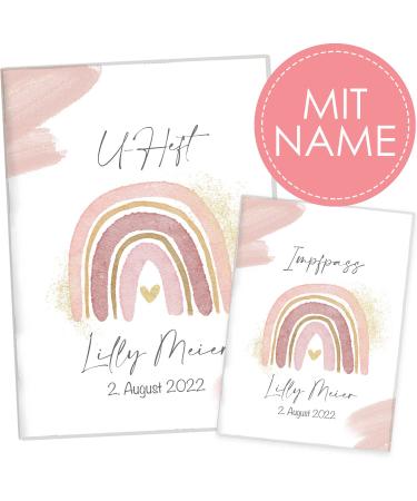 Cozy Racoon U-Book and Vaccination Pass cover with personalization |3- Part Set |High quality shell for your child's examination book and vaccination pass |Water colored pink (with personalization) with personalization water colors pink