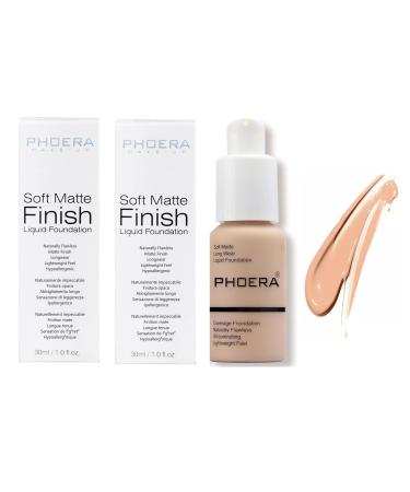 Phooera Fulll Coverage Liquid foundation Matte Finish Concealer Long wear 24hrs Oil Controlling Naturally Flawless Lightweigt Feel Buildable Fond de teint (2 X 103)