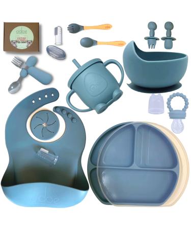o'doe Baby Led Weaning Feeding Supplies for Toddlers Baby Feeding Set (17 Pcs) | Suction Silicone Baby Bowl Self Eating Utensils with Spoons Bibs Sippy Cup Food Plate Kit with Lid (Blue V2)