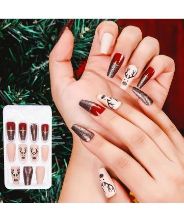 MELLIEX Christmas Fake Nails Artificial Full Cover Press on Nails 48 Pieces Xmas Coffin False Nail Tips Santa Claus Snowflake Elk Nail Art Decorations with Nail Glue and Nail Files - Buy Online on SooperMarket.com