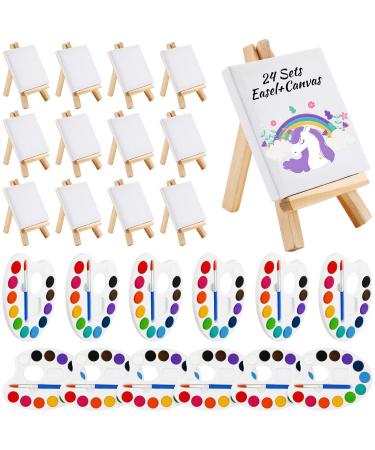 Mini Watercolor Paint Sets 12 Colors Watercolor with 3 x 3'' Painting Canvas Panel with Wooden Easel Set Stretched Canvas Display Easel Painting Brush Kit for Kids School Art Party Favors (48 Pcs)