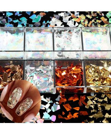 Holographic Nail Glitter Flakes | 12 Grids 3D Irregular Sequins | Shiny Gold & Silver Nail Art Supplies | Vintage Glitter for UV Gel Nails Design - Buy Online on SooperMarket.com