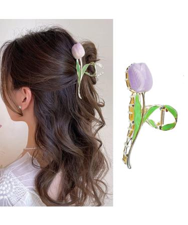 Tulip Hair Claw Clips for Women Flower Hair Claw Large Cute Non-Slip Strong Metal Hair Clips Hold Hair Jaw Clips Acetate Hair Claws Clips Accessories for Thick and Thin Hair(Purple)