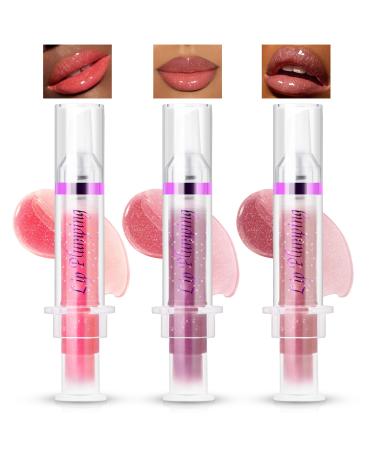 3 Colors Lip Plumping Booster Natural Fuller Lip Plumper Gloss Set Hydrating Plump and Pout Glossy Finish Glitter Lip Glow Oil Lip Care Serum Enhancer Mirror Lip Glaze Makeup(04+05+06)