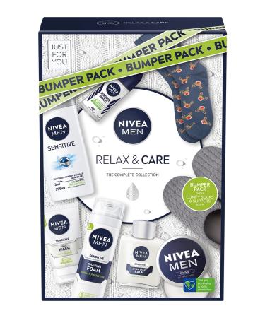 NIVEA MEN Relax & Care Gift Set (8 Pieces) Includes Shower Gel Face Wash Anti-Perspirant Roll-On Moisturising Cream Shaving Foam Post Shave Balm Slippers and Socks
