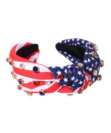 American Flag Headband Patriotic Rhinestone Cross Knotted Turban Hair Hoop 4th of July Crystal Twist Velvet Wide Hairband Party Hair Accessory C Patriotic Cross Headband