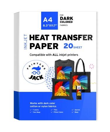 Printers Jack Iron-On Heat Transfer Paper for Dark Fabric 20 Pack 8.3x11.7 T-Shirt Transfer Paper for Inkjet Printer Wash Durable Long Lasting Transfer No Cracking For Dark Fabric 20 Sheets