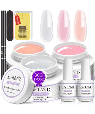Saviland Builder Nail Gels Kit - 3 Colors 30g Clear Nudes Pink Hard Gel for Nails Extension Gel Set with 15ml Base Top Coat  100pcs Nail Forms & Nail Brush Nail Art Manicure Set for DIY at Home