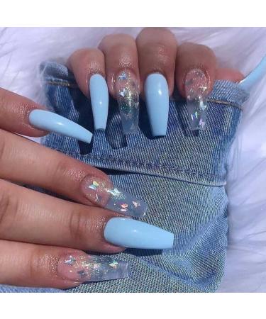 Handcess coffin ballerina press the nails long glossy blue false nails butterfly acrylic art complete cover fake nails for women and girls (24PCs)