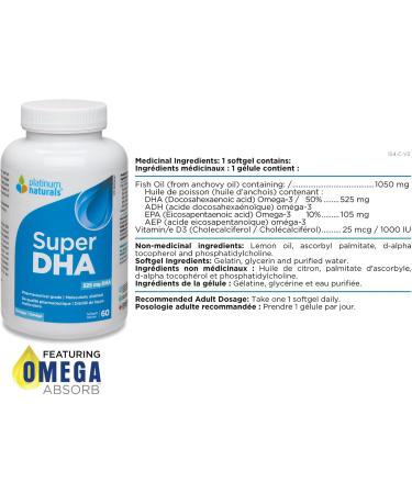 Platinum Naturals Super DHA 525mg 60 Softgels - Premium Fish Oil Omega 3 Supplement High-Potency EPA & DHA for Eye & Heart Health Cholesterol Support Pure Omega-3 Fatty Acids No Fishy Aftertaste - Buy Online on SooperMarket.com