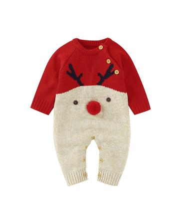 DovFanny Baby Romper Baby Boys Girls Cute Christmas Jumpsuit Winter Knit Reindeer Long Sleeve Warm Outfit for Newborn Baby 3-6 Months Red