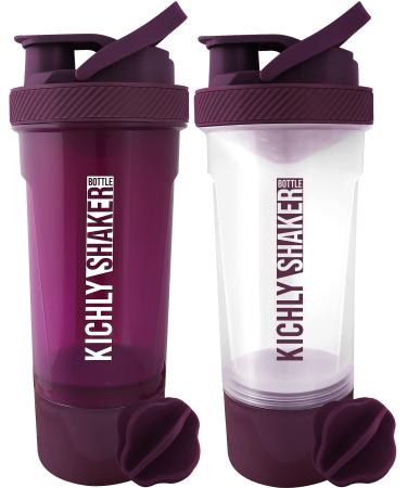 KICHLY (Set of 2 Classic Protein Shaker Bottle (700 ml) with Protein Shaker Ball - Non-Leak Cap with Container for Protein Shakes Perfect Fitness & Workout Partner (Plum & Clear)