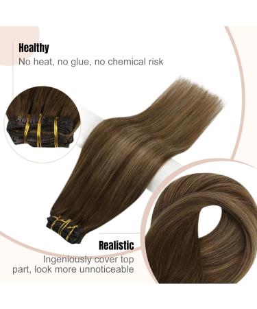 FSHINE 120g Ombre Clip-in Hair Extensions | 100% Remy Human Hair - Dark Brown & Caramel Blonde Balayage - 40cm - 7 Pieces - Buy Online on SooperMarket.com