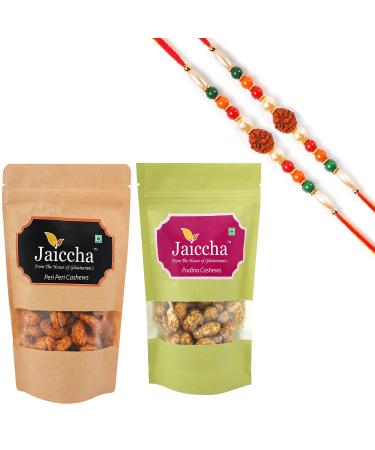 Jaiccha Ghasitaram Rakhi Gifts for Brothers Rakhi Dryfruits - Pack of 2 Peri Peri Pudina Cashews Pouches Small 200 GMS with 2 Rudraksh rakhis