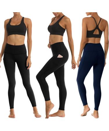 Highdays Women's 3 Pack Leggings with Pockets | High Waist Tummy Control Yoga Pants | Black, Black, Navy Blue | XX-Large - Buy Online on SooperMarket.com
