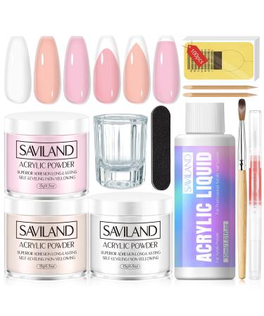 SAVILAND Acrylic Nail Kit for Beginners: Clear/Nude/Pink Acrylic Powder and Monomer Set with Acrylic Nail Brush Cuticle Oil for Nail Care Professional Acrylic Nail Art Kit for Home DIY