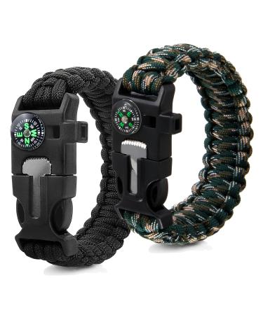 Zsmjaer 2 pieces set survival bracelet multifunction paracord bracelet survival bracelet pipe flint compass black-green for outdoor activities