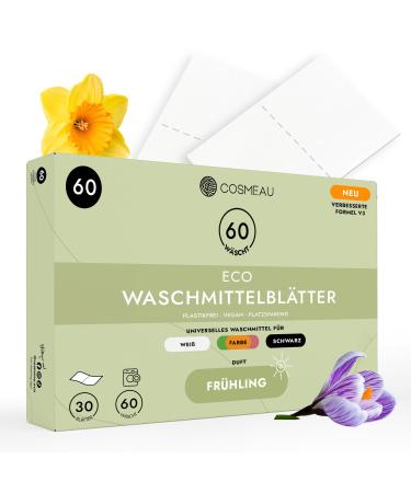 Cosmeau detergent leaves spring fresh - up to 60 washes (30 leaves) - sustainable detergent for white color and black - plastic -free degradable & perfect travel detergent spring fresh (60s pack)