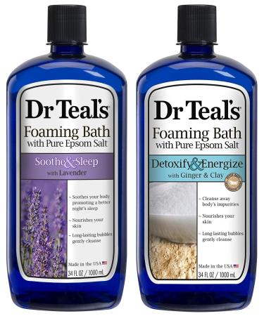 Dr Teal's Foaming Bath Variety Gift Set (2 Pack 34oz Ea.) - Soothe & Sleep Lavender Detoxify & Energize Ginger & Clay - Essential Oils Blended with Pure Epsom Salt Eases Aches & Relieves Stress