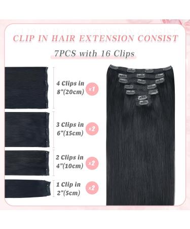 Vlasy 14 Inch Black Clip in Human Hair Extensions - Seamless Natural Hair, Straight Thick Weft - 7 Pieces 70g - Real Human Hair Extensions for Women - Buy Online on SooperMarket.com