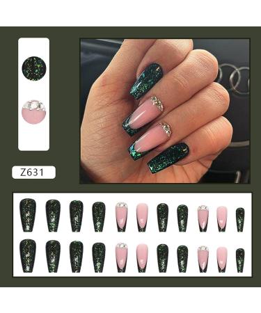 Green Rhinestone French Tip Press on Coffin Nails - Medium Full Cover Glitter Acrylic False Nails for Women - Buy Online on SooperMarket.com