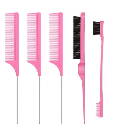 5 Pieces Rat Tail Comb with Stainless Steel Long Tail Soft Glossy Teasing Brush Gentle Edge Brush Beauty Salon Daily Use Styling Tools for Men and Women Home Hair Salon Use (Pink)