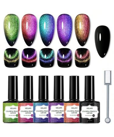 Cat Eye Gel Nail Polish Set 6 Colors Galaxy Holographic Magnetic UV Nail Polish with Magent Stick Sparkly pink blue nails Rainbow Shiny Nail ArtBase Black Nail Varnish and Gel Nail DIY Nail Salon 02