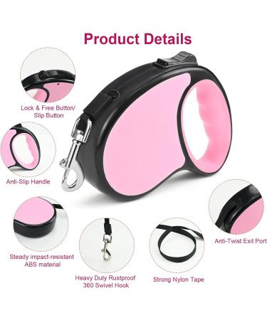 Retractable Dog Lead 5M Long Extendable with Non-Slip Handle & Adjustable Dog Lead One-Hand Brake Pause Lock 360 Universal Anti-winding with Bonus Training Clicker for Small Medium Dogs (Pink) - Buy Online on SooperMarket.com