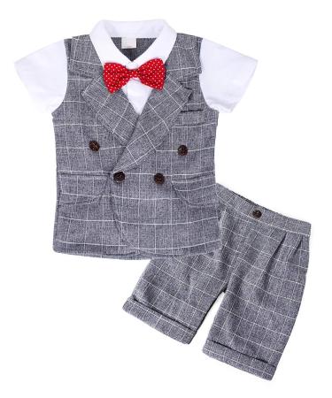 AmzBarley Baby Boys Gentlemans Outfit Suit Kids Long/Short Sleeve Dress Shirt Pants Vest Bowtie Tuxedo Rompers Childs Birthday Evening Holiday Party Grey 105 1-2 Years
