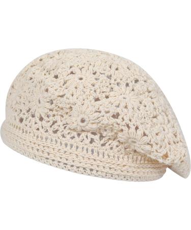 ZLYC Handmade Cotton Slouchy Crochet Beret with Cutout Floral Design - Plain Beige Women's Beanie Hat - Buy Online on SooperMarket.com