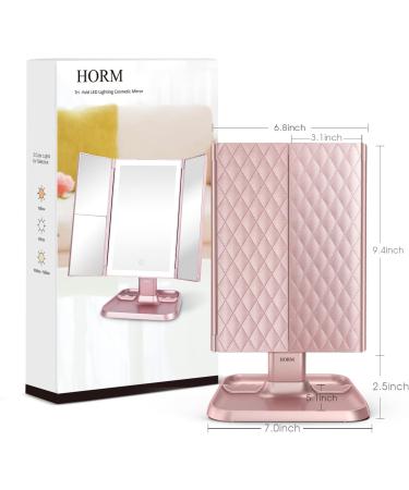 Trifold Makeup Mirror with Lights - 3 Color Modes, 72 LED Vanity Mirror, 1x/2x/3x Magnification, Touch Control, Portable High Definition Cosmetic Mirror - Pale Pink - Buy Online on SooperMarket.com