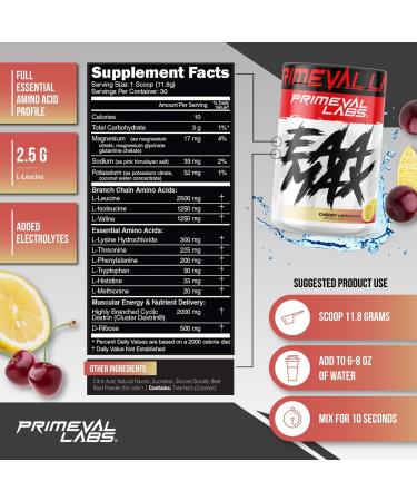 Primeval Labs EAA Max BCAA Cherry Lemonade Powder - Muscle Recovery & Hydration - Keto Friendly - 30 Servings - Buy Online on SooperMarket.com
