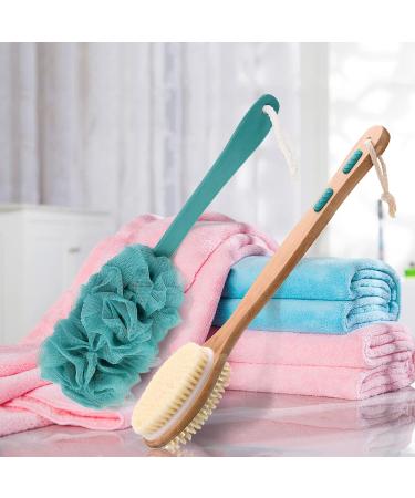 2 Pack Bath Brush Set: Long-Handled Luffa Brush & Double-Sided Bristle Brush with Hooks - Buy Online on SooperMarket.com