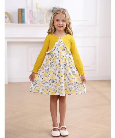 Puseky Toddler Girl Floral Print Sleeveless Dress and Ribbed Cardigan Set - 18-24 Months Yellow - Buy Online on SooperMarket.com