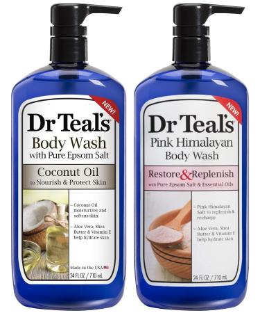 Dr Teal's Body Wash Variety Gift Set (2 Pack 24oz Ea.) - Restore & Replenish Pink Himalayan Nourish & Protect Coconut Oil - Essential Oils & Pure Epsom Salt Treats Skin & Alleviates Daily Stress