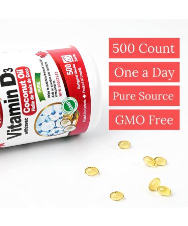 Nutridom Vitamin D3 with Coconut MCT Oil - 1 000IU (25mcg) per serving (500 Softgels) Supports Immune Fuction Muscle & Bone Health Non-GMO Gluten Free Made in Canada - Buy Online on SooperMarket.com