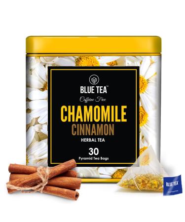 BLUE TEA - Chamomile Cinnamon Herbal Tea - 30 Tea Bags | CAFFEINE FREE | Vegan - Gluten Free - Non-GMO | Eco-Conscious Tin Pack|
