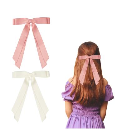 2 Pack Hair Bows for Women Beige Bow Hair Clips French Barrette with Long Silky Satin Hair Ribbons for Women Girls(Beige Pink)