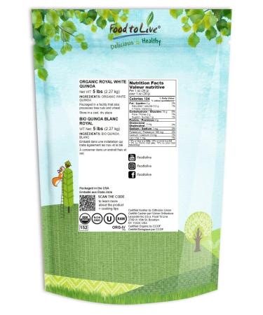 Organic Royal White Quinoa 5 Pounds - Whole Grain | Non-GMO, Kosher, Raw & Vegan | Sirtfood Superfood - Bulk 5 Pound Pack - Buy Online on SooperMarket.com