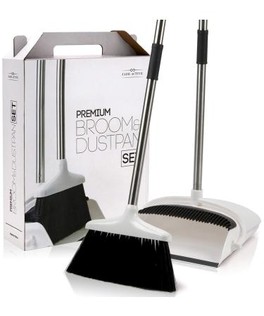 Broom and Dustpan Set for Home - Premium Long Handled Broom Dustpan Combo - Upright Standing Lobby Broom and Dust Pan Brush w/ Handle - Great Edge, Lightweight and Robust