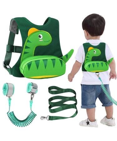 Toddler Harness Child Leash with Baby Anti Lost Wrist Link, Accmor 3 in 1 Kids Dinosaur Harnesses Leashes, Children Walking Assistant Wristband Tether Strap Belt for Boys Girls Green Harness, Green Wrist Link Small Pouch