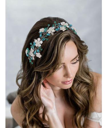 IYOU Flower Wedding Hair Vines Blue Crystal Bride Headband Leaf Guest Bridesmaid Hair Accessories for Women - Buy Online on SooperMarket.com