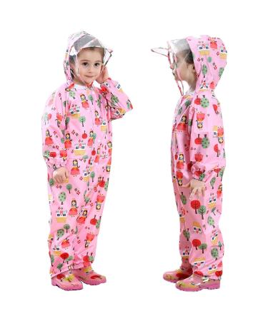 JiAmy Baby Girls One Piece Rain Suit All in One Raincoat Hooded Rain Coverall Kids Outdoor Rainsuit Waterproof Jumpsuit Pink 1-3 Years 1-3 Years Pink