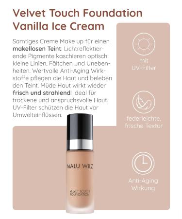 Malu Wilz Velvet Touch Foundation - Vanilla Ice Cream 30ml | Flawless Skin Conceals Dark Circles & Wrinkles | Skincare Makeup | International Shipping - Buy Online on SooperMarket.com
