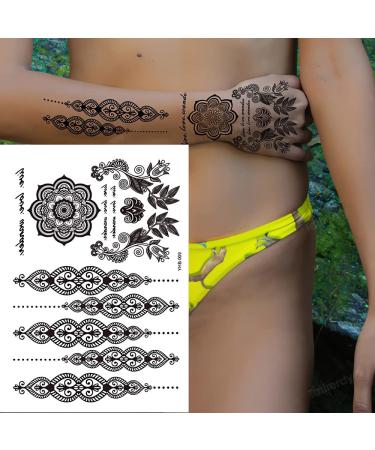 Black Henna Temporary Tattoos Set - Sexy Lace, Indian Mandala, Elephant, Flower Chain Designs - Waterproof Body, Arm, Face Decals for Wedding Party - 6 Sheets - Buy Online on SooperMarket.com