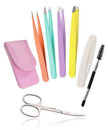 Eyebrow Tweezers Set 7 in 1 Tweezers with Leather Travel Case Precision Tweezers for Women with Curved Scissor Eyebrow Razor Eyebrow Kit for Facial Hair Ingrown Hair Removal