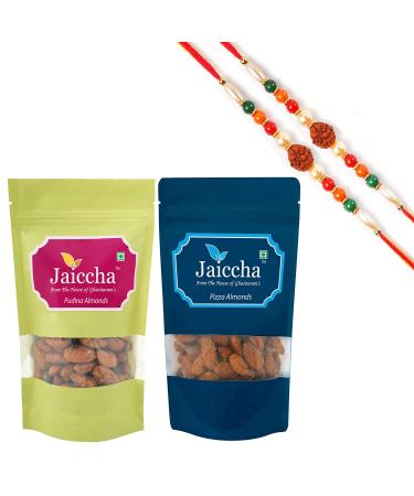 Jaiccha Ghasitaram Rakhi Gifts for Brothers Rakhi Dryfruits - Pack of 2 Pizza Pudina Almonds Pouches Small 200 GMS with 2 Rudraksh rakhis