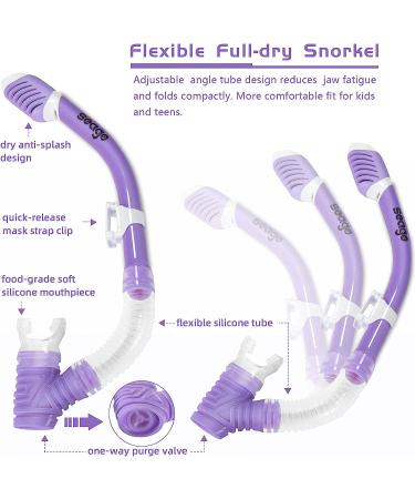 Kids Snorkel Set - Dry Top Snorkel Mask for Boys and Girls - Anti-Fog, Leak-Proof, 180 Panoramic View - Purple Snorkel Kit for Youth - Buy Online on SooperMarket.com