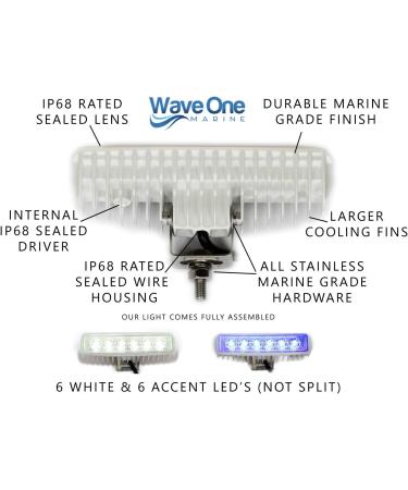 Wave One Marine Dual Color LED Marine Spreader Light - White Housing White & Blue | High Lumen Output - Stainless Hardware & Bracket - IP68 Waterproof - Multicolor - Boat Deck Flood Beam - Buy Online on SooperMarket.com